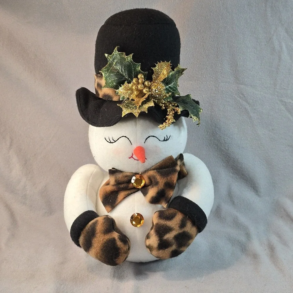 2 Snowman Couple Plushies W/ Leopard Print Scarf Hat Gloves Christmas Winter